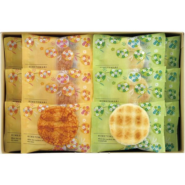 ふんわり、サクサクとした軽やかな食感のおせんべいをひとまわり小さな可愛らしいサイズに焼き上げました。食べやすいサイズに、一枚、また一枚と手が伸びる美味しさです。商品内容姫てまり（直火炊き醤油・やき塩）各6  【小麦】商品サイズ：箱170×2...