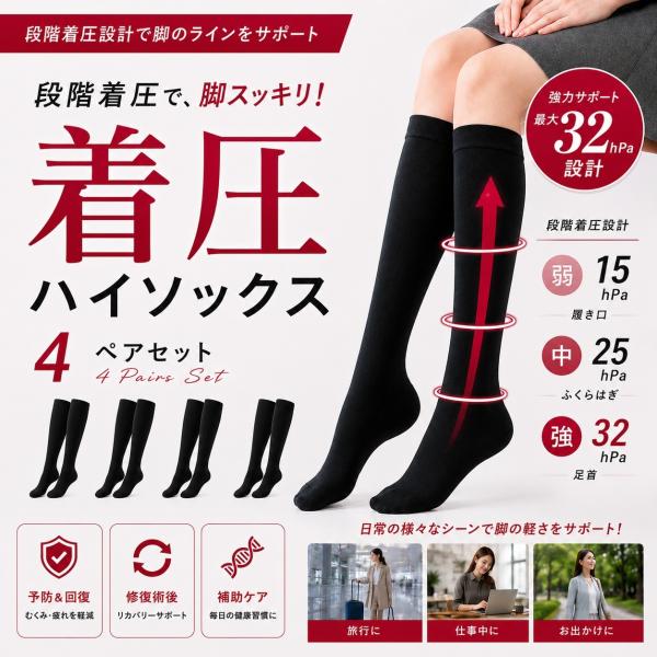 着圧ソックス レディースハイソックス 4足組 足のむくみ 浮腫み 産後 妊婦 昼夜用マタニティ就寝加圧ソックス ふくらはぎ 加圧スリム 美脚 弾性ソックス23-25cm
