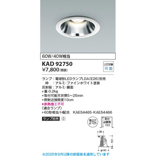 コイズミ照明 KAD92750 M形Φ125DL本体/安全装置付/白枠鏡面/E26_LDA