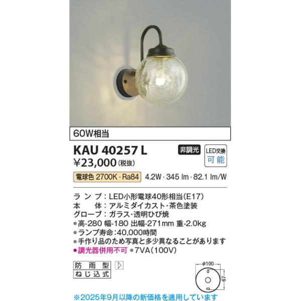 コイズミ照明 KAU40257L 意匠ポーチ灯/60W相当防雨型/ガラス透明ひび焼