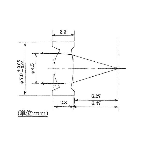 波長(λ):            670nmアパチュアー(NA):   0.28焦点距離(f):        8.0±0.05mm(20℃)焦点とレンズ面距離: 6.27±0.05mm(20℃)歪曲(RMS):          0.0...