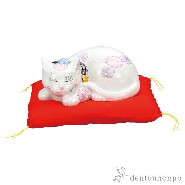 九谷焼 眠り猫 花むらさき 6号 布団付 ( 木札名入れ有料 初任給