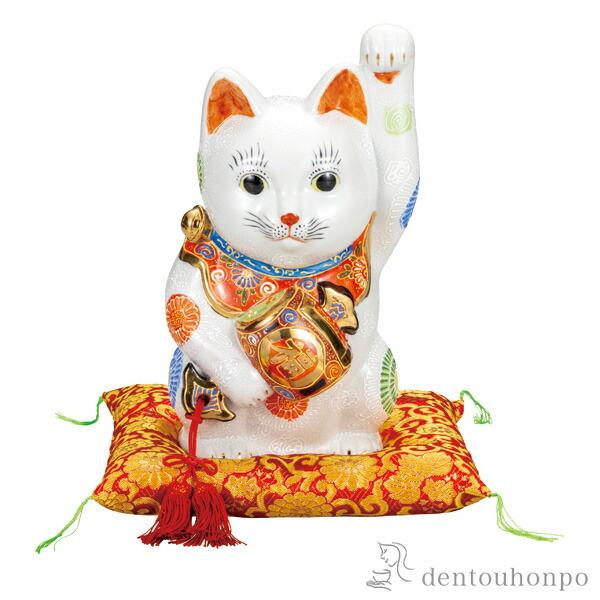 九谷焼 小槌持ち招き猫 白盛 9号 布団付 ( 木札名入れ有料 置物 幸運 