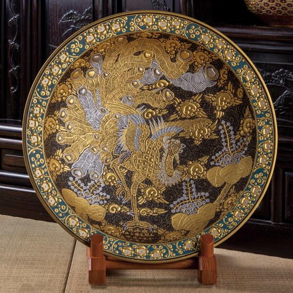 九谷焼 飾皿 本金盛龍取 鳳凰図 13.5号 ( 木札名入れ有料 酒器 日本酒 