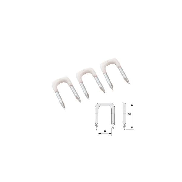 絶縁ステップル 5/8 HST-58W・幅A:6mm 高さB:15mm・適用電線:0.75×2　1.25×2ケーブルの固定に使用される絶縁ステップル。針が鋭くなり、仮固定しやすい商品です。