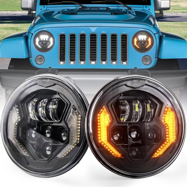 PXPART JK LED ヘッドライト 7インチ ラウンド DRL アンバー