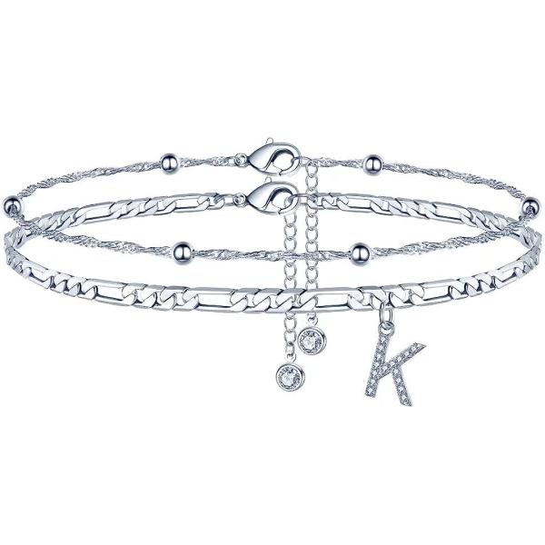 【並行輸入品】女性用Ursteel アンクルブレスレット、14K ゴールドメッキ 華麗なレイヤードフィガロチェーン CZ イニシャルアンクレット サマ