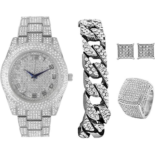 【並行輸入品】Bling-ed Out It's Lit! Hip Hop Watch &amp; Jewerly Set w/Cuban Chain Bra