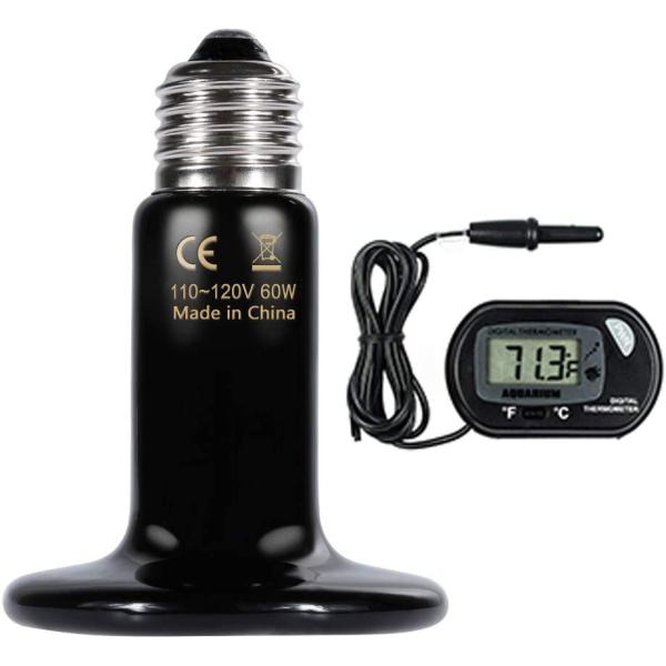 商品名Zacro Reptile Heat Lamp 60W with One Digital Thermometer, Infrared Ceramic Heating Non-Light Lamps Emitter 110V (Blac...