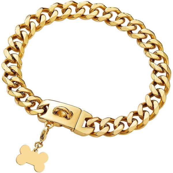 【並行輸入品】 Gold Chain Dog Collar 18K Gold Cuban Link Dog Collar Strong Heavy D