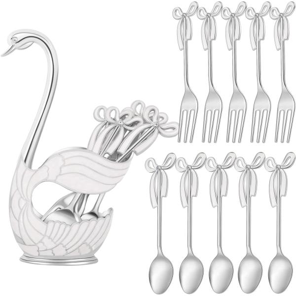 【並行輸入品】 Gusnilo Dessert Spoon Set Dessert Fork 11PCS Swan Spoon Holder with