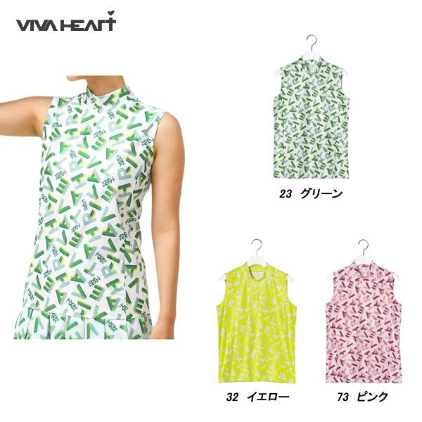 ビバハート VIVA HEART レディース 春夏 吸水速乾 ストレッチメッシュタイポプリント ノースリーブモックネックシャツ