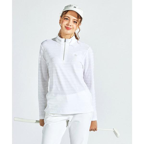 新品！レディース　マンシングウェア　ジャカード長袖ジップアップシャツ　L 白 Munsingwear 吸汗速乾地柄ジャカード長袖ジップアップシャツ -デサント