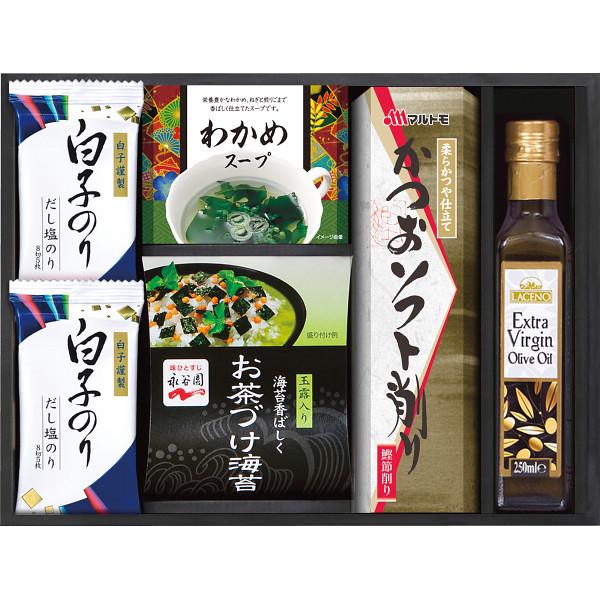 幅広いメニューが楽しめる、オリーブオイルのギフトセットです。●白子だし塩のり（8切5枚）×2、わかめスープ（5.3ｇ×2・粉末）・永谷園お茶づけ海苔（6.3ｇ×3）・マルトモかつおソフト削り（2ｇ×3）・エキストラバージンオリーブオイル22...