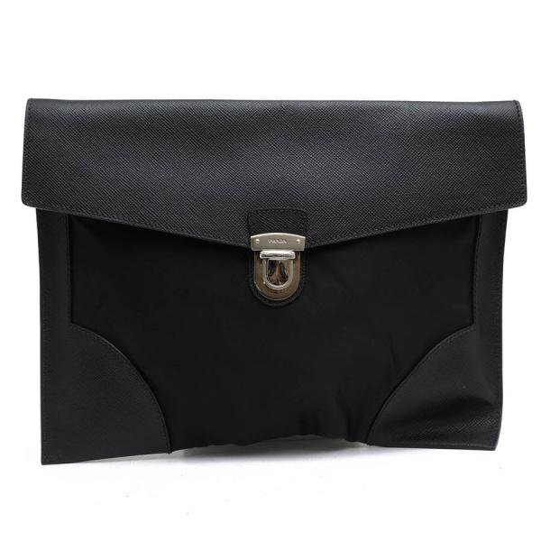 ○プラダ PRADA 伊リモンタ社ナイロン サフィアーノレザー 牛革 セカンドバッグ/クラッチバッグ 2VN089 TESSUTO SAFFIAN NERO A4サ 中古 PRADA（プラダ） セカンドバッグ/クラッチバッグ 2VN089 TESSUTO