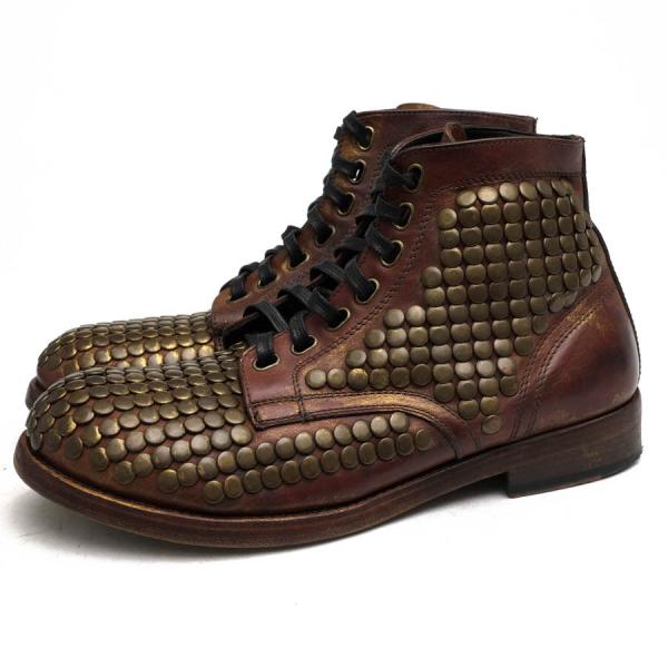 ドルガバ／DOLCE＆GABBANA レースアップブーツ シューズ 靴 メンズ 男性 男性用レザー 革 本革 ブラウン 茶  CA5390 プレーントゥ スタッズ ヴィンテージ加工 desir-store_t3397