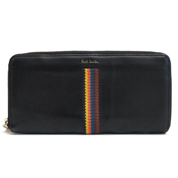 ポールスミス／Paul Smith 長財布 財布 ウォレット メンズ 男性 男性用レザー 革 本革 ブラック 黒  PSQ034 EMBROIDERD STRIPE LONG WALLET エンブロイダードストライプ ストライプ ラウンドジップ ラウンドファスナー 小銭入れあり desir-store_w7224