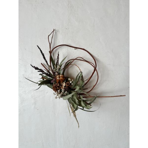 ドライフラワーリースユーカリとアカヅルを組み合わせた、ナチュラルなドライフラワーアレンジです。木の実をアクセントに添え、やさしく素朴な雰囲気に仕上げました。ユーカリは少しずつアンティークカラーに、木の実は長く長く楽しめます。飾りすぎないシン...