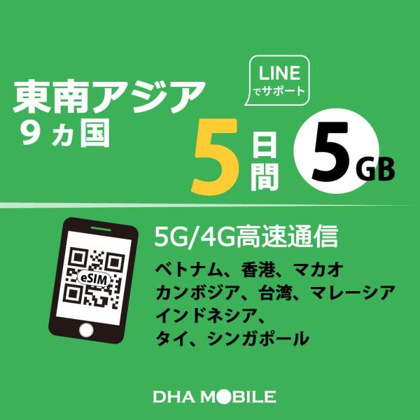 対応国：東南アジア9か国（ベトナム、香港、マカオ、カンボジア、台湾、マレーシア、インドネシア、タイ、シンガポール）日　数：5日間（※申請した日時から5日間。）容　量：5GB対応SIM：eSIM対応バンド：基本Band 1 / 3 / 5 /...