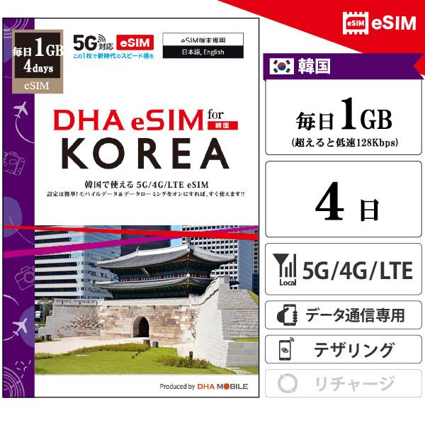【メール送付】韓国 eSIM 4日間 毎日1GB(超えると低速128kbps) プリペイドsim 4G/LTE回線 データ通信専用 esim対応simフリー端末のみ対応対応国：韓国日　数：4日間（※使用開始日から4日間。）容　量：毎日1GB...