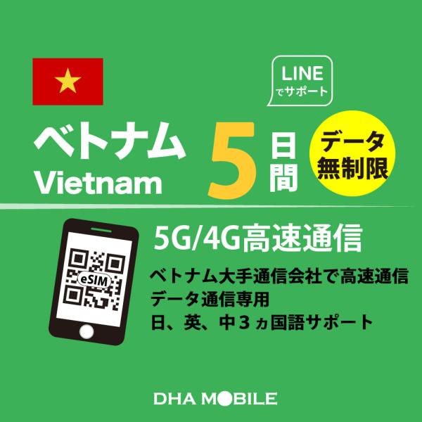 【メール送付】ベトナム eSIM 5日間 無制限 ベトナムSIM プリペイドSIM 簡単設定 5G/4G/LTE回線 データ通信専用 契約不要 日本MVNO