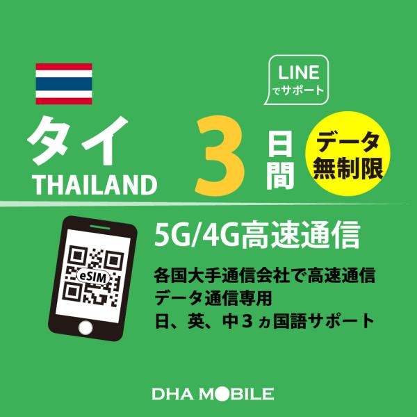 【メール送付】タイ eSIM 3日間 無制限 タイSIM プリペイドSIM 簡単設定 5G/4G/LTE回線 データ通信専用 契約不要 日本MVNO