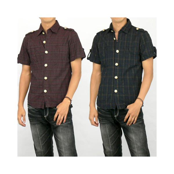 SPINASH スクエアチェック＆ゴールドステッチクリンクル加工半袖シャツ