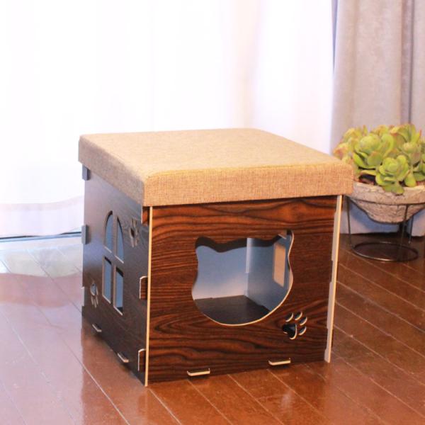 木製 ボックス型 キャットハウス スツール 猫ハウス ペットハウス 組立て式 収納