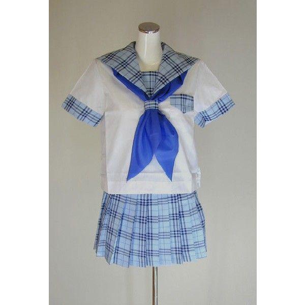 夏水色チェック セーラー服 上下セット (半袖 学校制服 学販 スクール オリジナル スカーフ付,30cm丈）