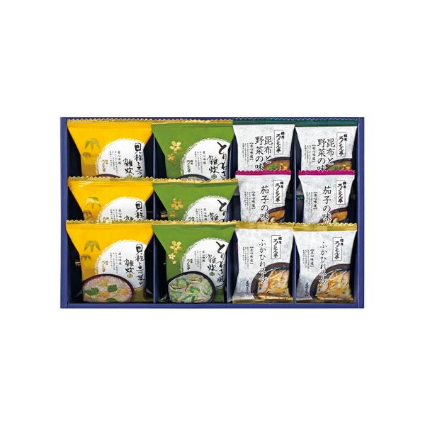 素材と味付けにこだわって、香り立つ美味しさをそのままパックしました。どなたに贈っても喜ばれるフリーズドライのギフトです。■（貝柱と三つ葉の雑炊・とりわさ風雑炊）各3、（昆布と野菜の味噌汁・茄子の味噌汁・ふかひれスープ）各2  【卵・乳成分・...