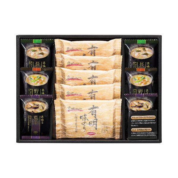 お湯を注ぐだけで本格的な味わいのフリーズドライ味噌汁と、白子有明海産味のりの詰合せです。■マルコメ京懐石(野菜・茄子・長ねぎ各2個)・白子有明味のり(8切8枚)5個■箱サイズ:35.2×26.3×5.9cm【用途】引出物 結婚祝 出産祝 仏...