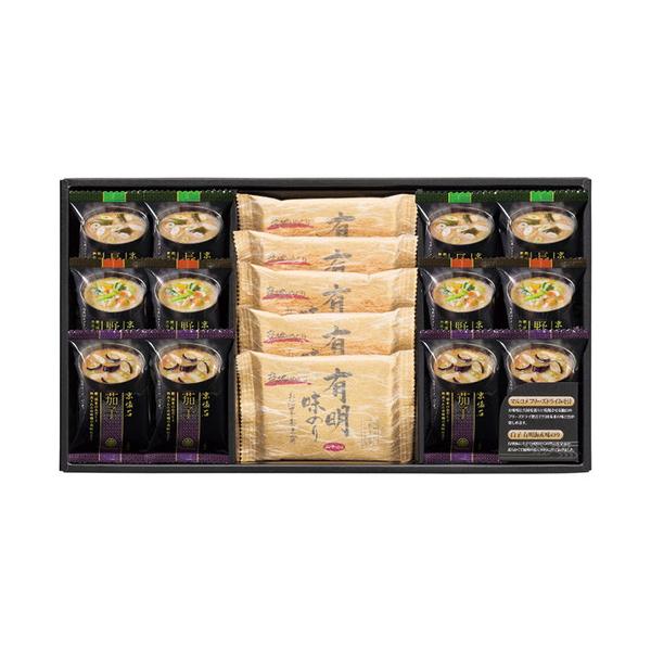 お湯を注ぐだけで本格的な味わいのフリーズドライ味噌汁と、白子有明海産味のりの詰合せです。■マルコメ京懐石(野菜・茄子・長ねぎ各4個)・白子有明味のり(8切8枚)5個■箱サイズ:47.2×26.3×5.9cm【用途】引出物 結婚祝 出産祝 仏...