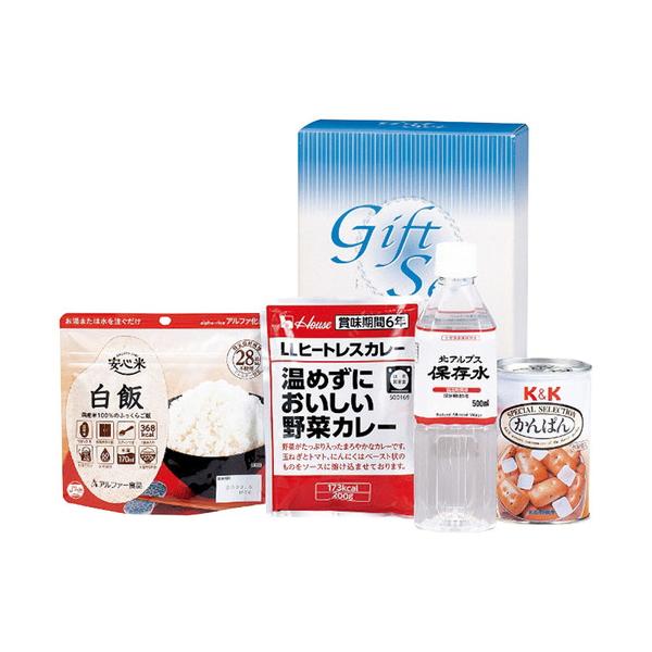 備えて安心の保存食セット。■大観峯北アルプス保存水500ml×1本・K&amp;Kかんぱん(氷砂糖入)110g×1缶・アルファー安心米(白飯)(スプーン付)100g・ハウスLLヒートレスカレー温めずにおいしい野菜カレー200g各1袋■箱サイ...