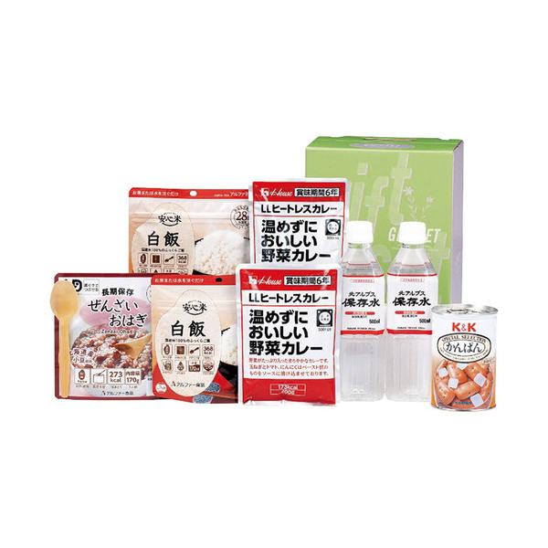 備えて安心の保存食セット。■大観峯北アルプス保存水500ml×2本・K&amp;Kかんぱん(氷砂糖入)110g×1缶・アルファー安心米(白飯)(スプーン付)100g・ハウスLLヒートレスカレー温めずにおいしい野菜カレー200g各2袋・アルフ...