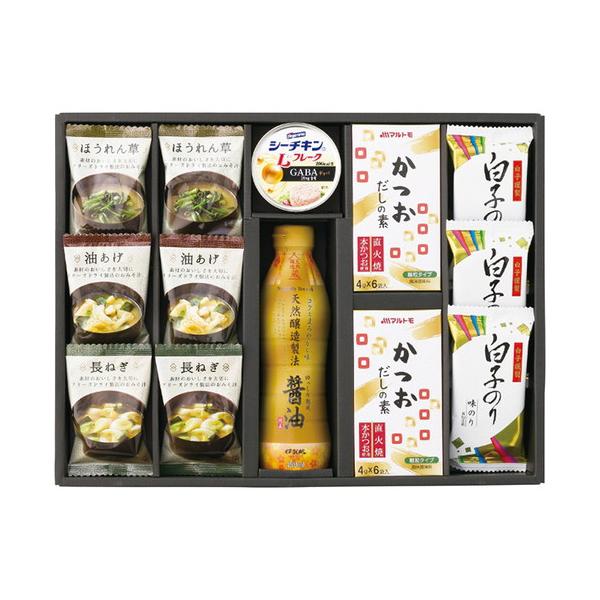 お湯を注ぐだけでできる本格的なお味噌汁に、和の食材、調味をセット。■フリーズドライ味噌汁(油あげ7.2g・ほうれん草6.2g・長ねぎ6.3g)・マルトモかつおだしの素(4g×6個)各2個・伊賀越天然醸造醤油450ml×1本・白子のり味のり(...