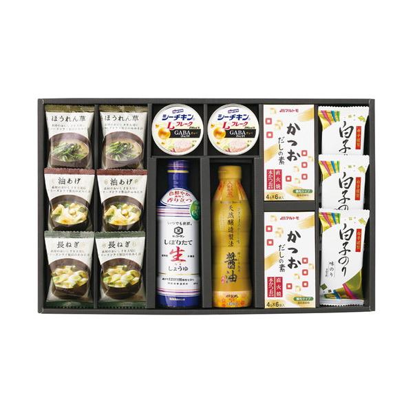 お湯を注ぐだけでできる本格的なお味噌汁に、和の食材、調味をセット。■フリーズドライ味噌汁(油あげ7.2g・ほうれん草6.2g・長ねぎ6.3g)・マルトモかつおだしの素(4g×6個)各2個・キッコーマンいつでも新鮮しぼりたて生しょうゆ・伊賀越...