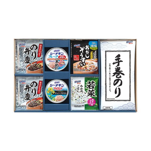 和の食卓を彩るバラエティ豊かな詰合せ。■のり弁慶ふりかけ(3g×6袋)・減塩おだしぞうすいかに(6.5g×3袋)・わかめ混ぜご飯若菜(2.8g×3袋)・手巻のり(2切5枚1袋)・シーチキンフレーク一本釣・シーチキンマイルドキャノーラ各1缶・...