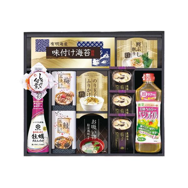 使いやすい卓上サイズのキッコーマン牡蠣だししょうゆとご飯のお供の詰合せです。■マルコメ京懐石茄子のおみそ汁11.5g×3袋・有明海産味付海苔(3切6枚)・鰹ぶし削り(2g×3袋)・鮭茶漬け(4.7g×2袋)・梅茶漬け(4.3g×2袋)・のり...