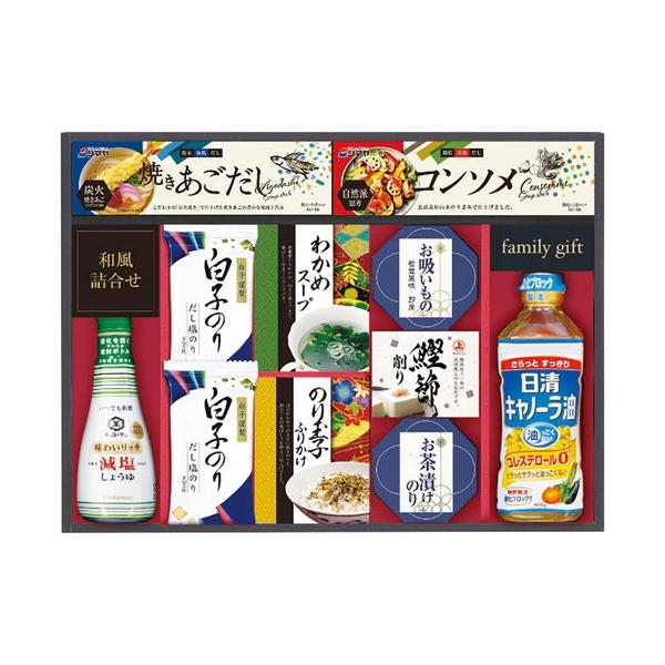 揚げ物もさらっと!からっと!仕上がる日清キャノーラ油と和食の詰合せです。■白子だし塩のり(8切5枚)2袋・シマヤ焼きあごだし(8g×4袋)・シマヤ自然派思考コンソメ(5g×4袋)・わかめスープ(5.3g×2袋)・のり玉子ふりかけ(4.5g×...