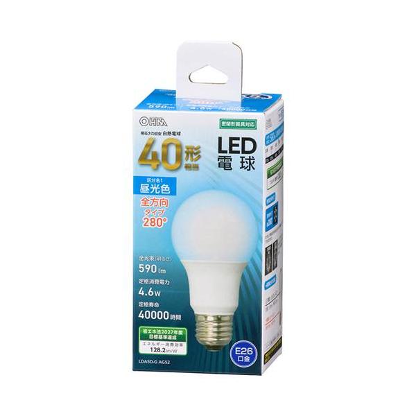 OHM オーム電機　ＬＥＤ電球（40形相当/590lm/昼光色/E26/全方向配光280°/密閉形器具対応） LDA5D-G AG52