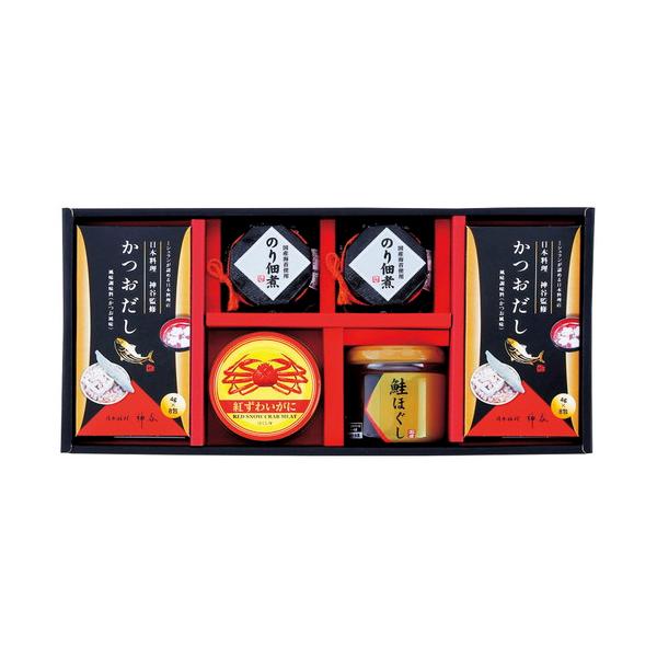 海の恵詰合せ　ミシュランが認める日本料理店「神谷」監修の味を家庭でもおたのしみください。■鮭ほぐし50g・紅ずわいがにほぐし身55g×各1、のり佃煮80g・かつおだし(4g×8)×各2■箱サイズ:16.5×34×7.5cm【用途】引出物 結...