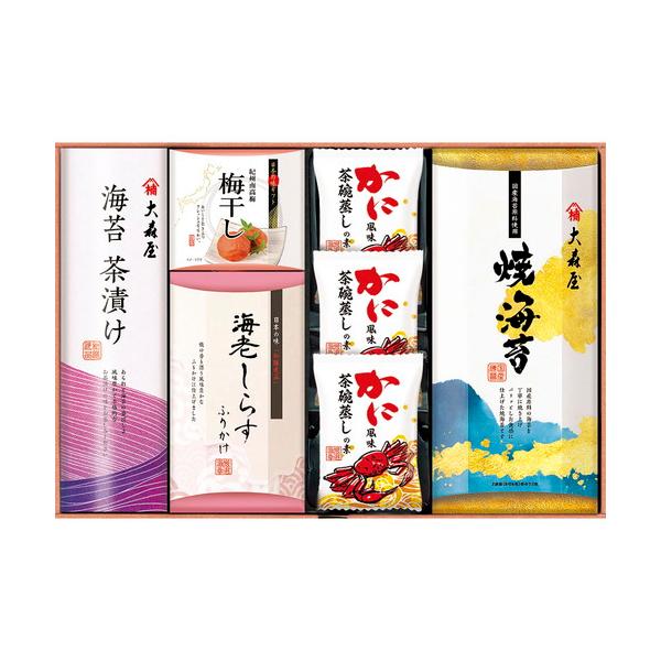 慣れ親しんだ美味しさは、大森屋ならではの贈り物。■焼海苔(8切8枚×2)・海苔茶漬け(5.4g×4)・海老しらすふりかけ(3g×3)・紀州梅干し(1粒×2)×各1、かに風味茶碗蒸しの素(2食分)×3■箱サイズ:25×37×5.5cm【用途】...