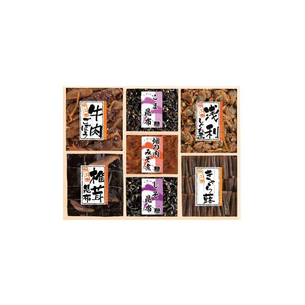 職人が丹精こめて炊き上げた佃煮詰合せです。■牛肉ごぼう50g・椎茸昆布60g・ごま昆布30g・畑の肉みそ煮30g・しそ昆布30g・浅利しぐれ煮50g・きゃら蕗60g×各1■箱サイズ:23.4×30.8×3.6cm【用途】引出物 結婚祝 出産...