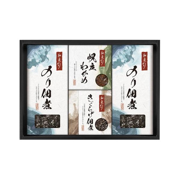 日本橋に和みの空間を設え、店名どおり、多彩な“旬”食材を活かした料理を披露しつづける「和氣　旬」監修の佃煮詰合せ■のり佃煮65g×2、帆立わかめ30g・きくらげ40g×各1■箱サイズ:19.5×27.4×4.3cm【用途】引出物 結婚祝 出...