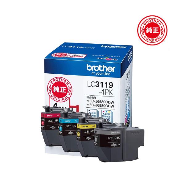 ※Brother純正インクになります【商品説明】大容量４色パック(型番LC3119-4PK)色:ブラック・シアン・マゼンタ・イエローブラザー純正インクは製品本体の性能を十分に発揮するために研究を重ね、開発されています。非純正インクをお使いに...