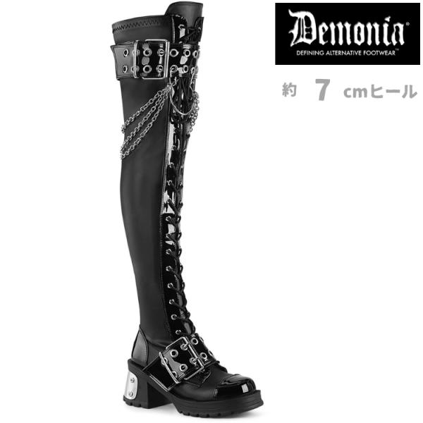 Demonia デモニア ニーハイ サイハイ ブーツ 厚底 7cm ヒール 黒 ブラック 編み上げ ベルト 太ヒール 大きいサイズ パンク ゴスロリ 靴 レディース メンズ 取寄