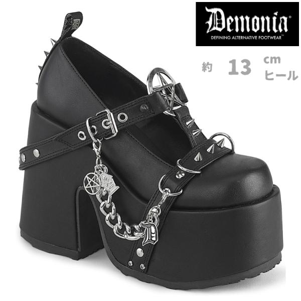 demonia デモニア パンプス 厚底 ローファー 13cm ヒール 黒 ブラック 合皮 Tストラップ スタッズ 厚底靴 シューズ パンク ゴスロリ 韓国 原宿系 CAMEL-33 取寄