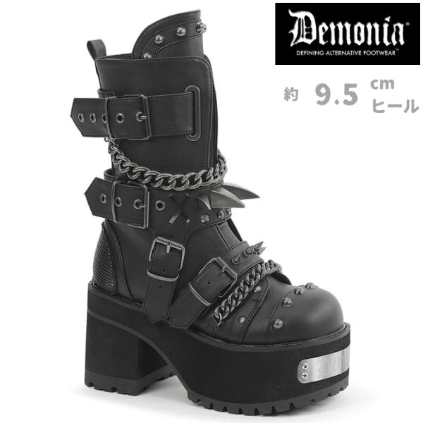 demonia デモニア 厚底 ブーツ ショートブーツ 9.5cm ヒール 黒 ブラック ビーガンレザー チェーン スタッズ バックル ジッパー 大きいサイズ RANGER-117 取寄