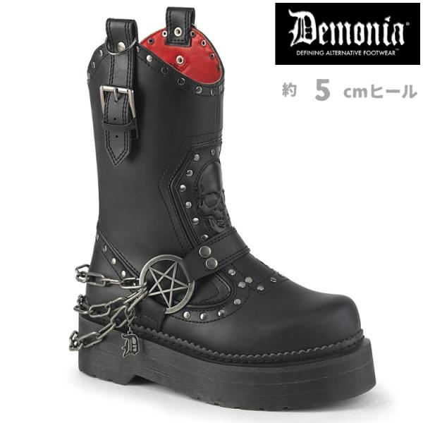 demonia デモニア 厚底 ブーツ ミドルブーツ コンバットブーツ 5cm ヒール 黒 ブラック ビーガンレザー つや消し カウボーイ 靴 大きいサイズ REBEL-56 取寄