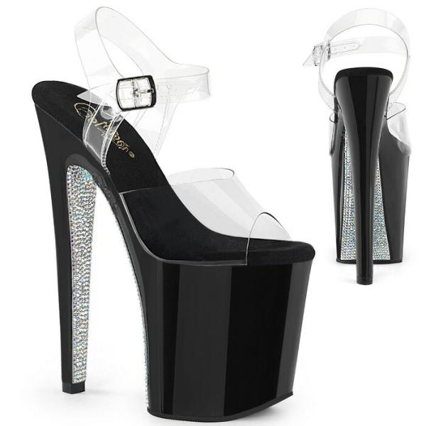 Pleaser(プリーザー) RAZZLE-808WR 爬虫類プリント厚底アンクルストラップサンダル 20cmヒール クリア／ブラック◆取り寄せ Pleaser（プリーザー） サンダル 厚底 20cm ヒール クリア 黒 ブラック